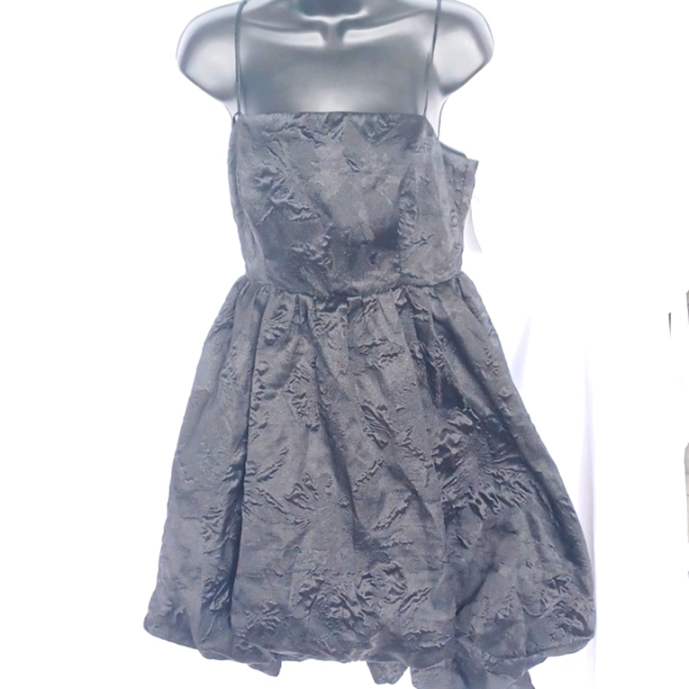 Anthropology black dress, ballon hem, textured pattern, lined, adjustable straps